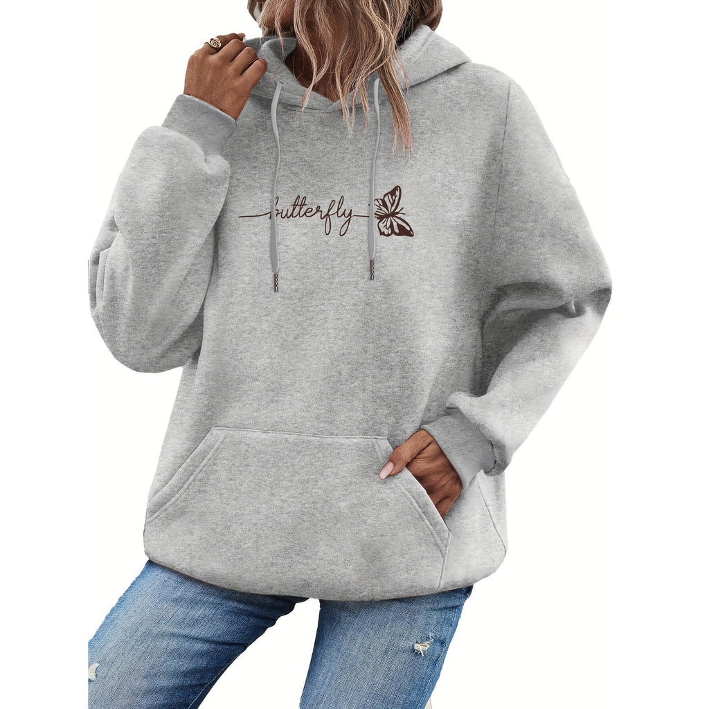 Womens Casual Hoodie With Drawstring And Butterfly Print