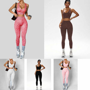 leopard print seamless yoga bra and peach butt leggings set high waisted scrunch workout leggings and sports bra women gym outfit