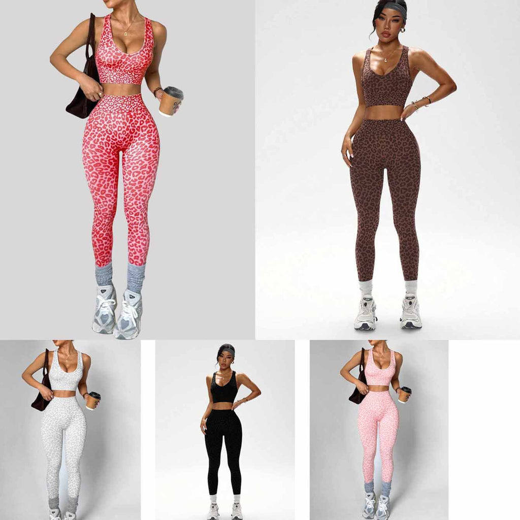 leopard print seamless yoga bra and peach butt leggings set high waisted scrunch workout leggings and sports bra women gym outfit