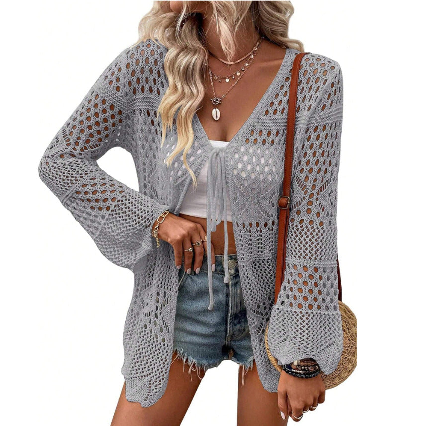 Solid Color Knitted Beach Cover Up Cardigan – Lightweight Sun Protection Swimwear Layer