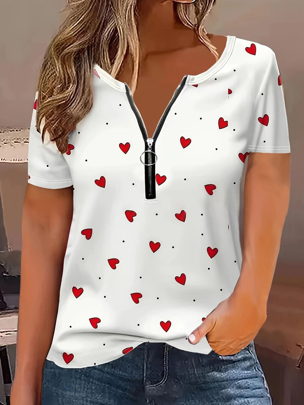 Womens Casual Printed Crew-neck Zip-up Short-sleeve Top