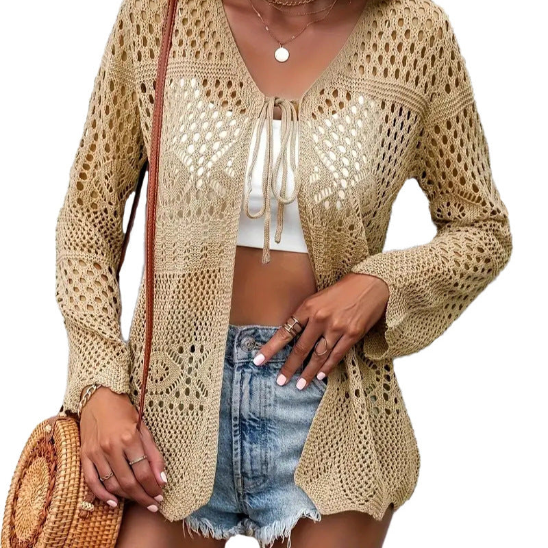 Solid Color Knitted Beach Cover Up Cardigan – Lightweight Sun Protection Swimwear Layer