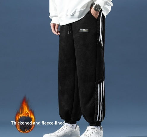 Men’s Striped Color-Block Fleece-Lined Jogger Pants – Autumn Winter Ankle-Fit Trousers
