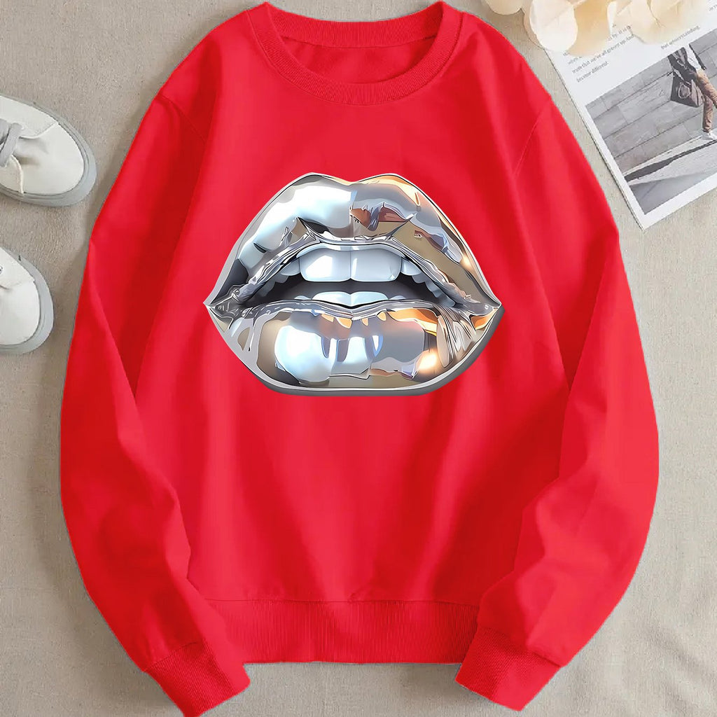 Womens Cartoon Silver Lip-Printed Sweatshirt