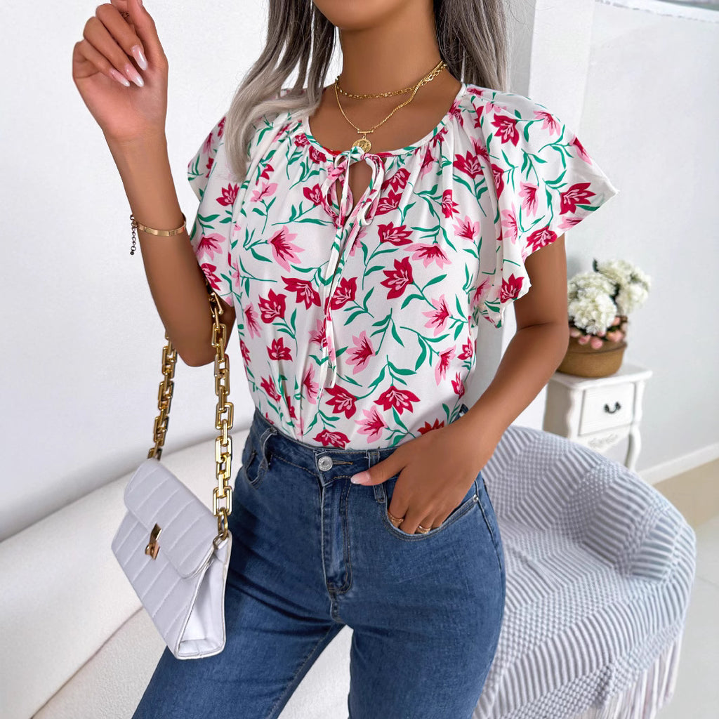 Womens Casual Loose-fit Chiffon Top With Ruffled Edges And A Tie-up Design