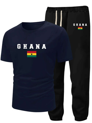 Men's Summer Casual Two-Piece Set, Men's Ghanian Print Short Sleeve T-Shirt with Comfortable Long Pants Fashion Outfit PLAYAAS CULTURE 