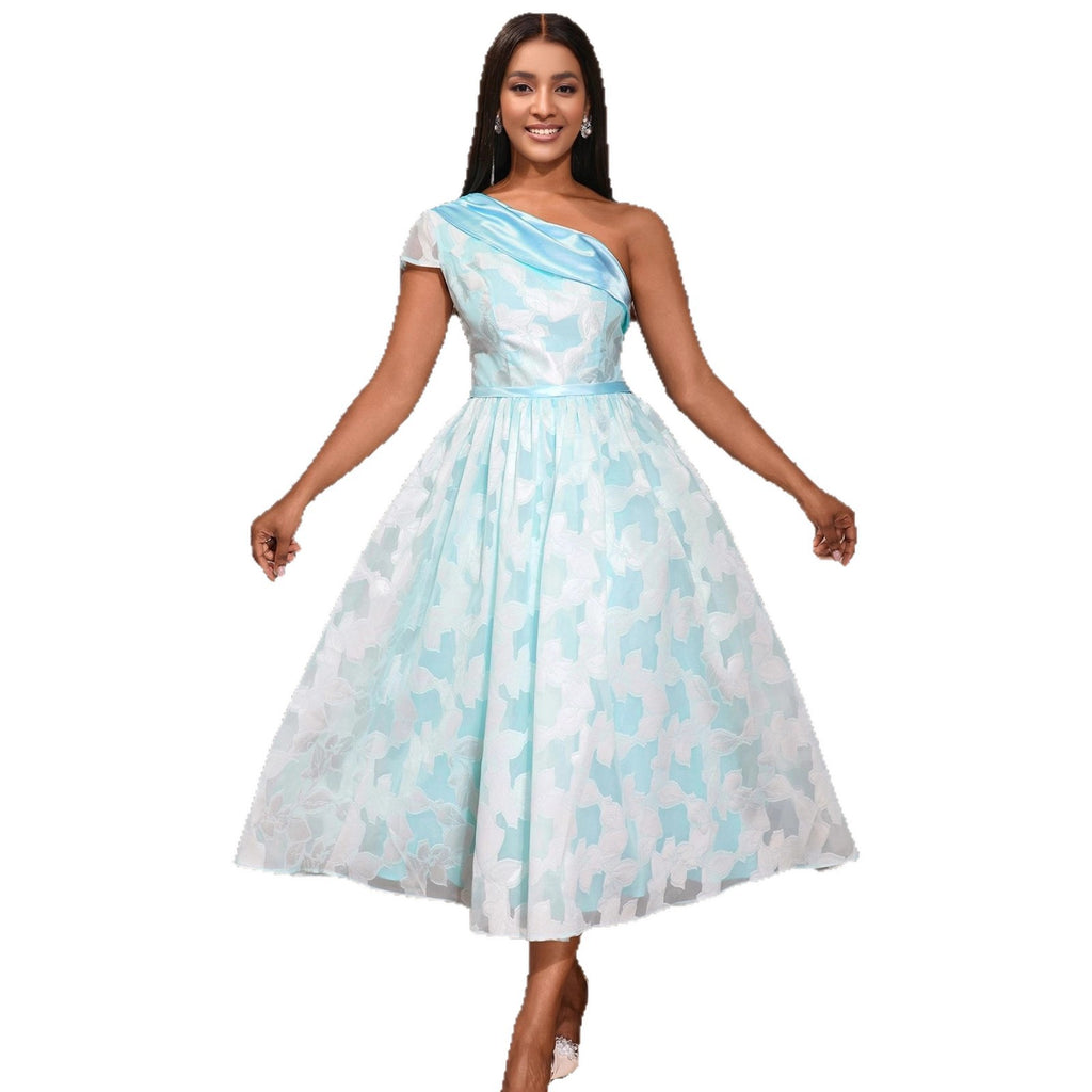 Women's Oblique Shoulder Contrast Color Evening Dress Jacquard Elegant Dress