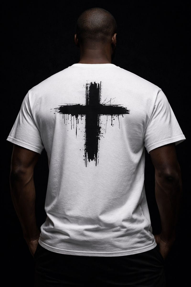 Luxury streetwear T-shirt featuring skull front graphic and dripped cross back design. PLAYAAS CULTURE® delivers bold symbolism, premium fit, and Blackpresure-driven identity.