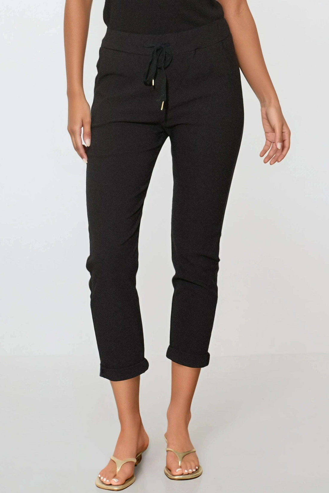 Black stretch drawstring trousers with side pockets and comfortable viscose blend fabric