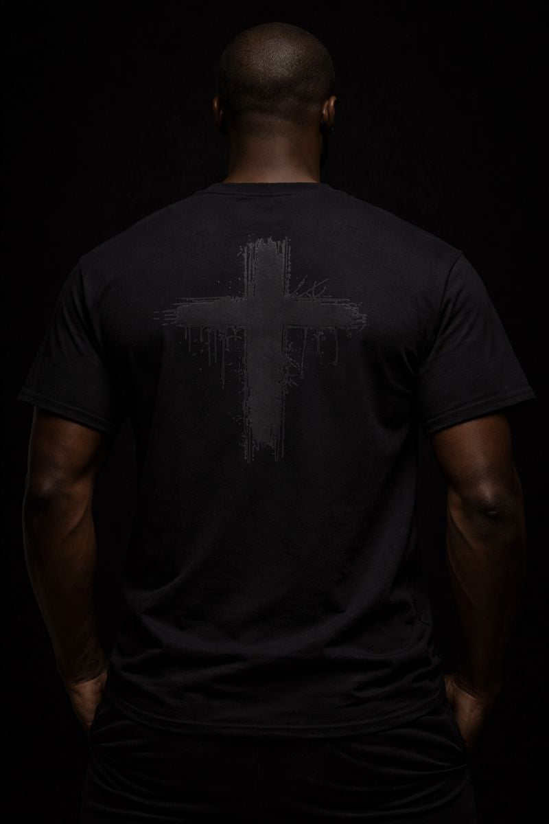 Luxury streetwear T-shirt featuring skull front graphic and dripped cross back design. PLAYAAS CULTURE® delivers bold symbolism, premium fit, and Blackpresure-driven identity.