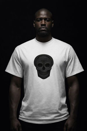 Luxury streetwear T-shirt featuring skull front graphic and dripped cross back design. PLAYAAS CULTURE® delivers bold symbolism, premium fit, and Blackpresure-driven identity.