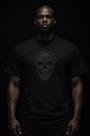 Luxury streetwear T-shirt featuring skull front graphic and dripped cross back design. PLAYAAS CULTURE® delivers bold symbolism, premium fit, and Blackpresure-driven identity.