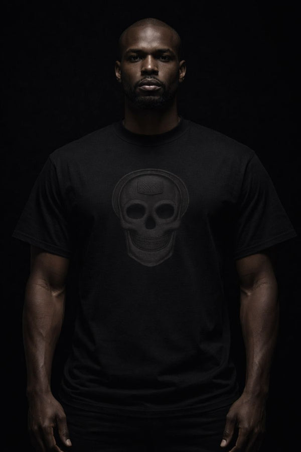 Luxury streetwear T-shirt featuring skull front graphic and dripped cross back design. PLAYAAS CULTURE® delivers bold symbolism, premium fit, and Blackpresure-driven identity.