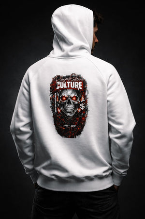 White unisex streetwear hoodie with detailed skull graphic and distressed artwork on back