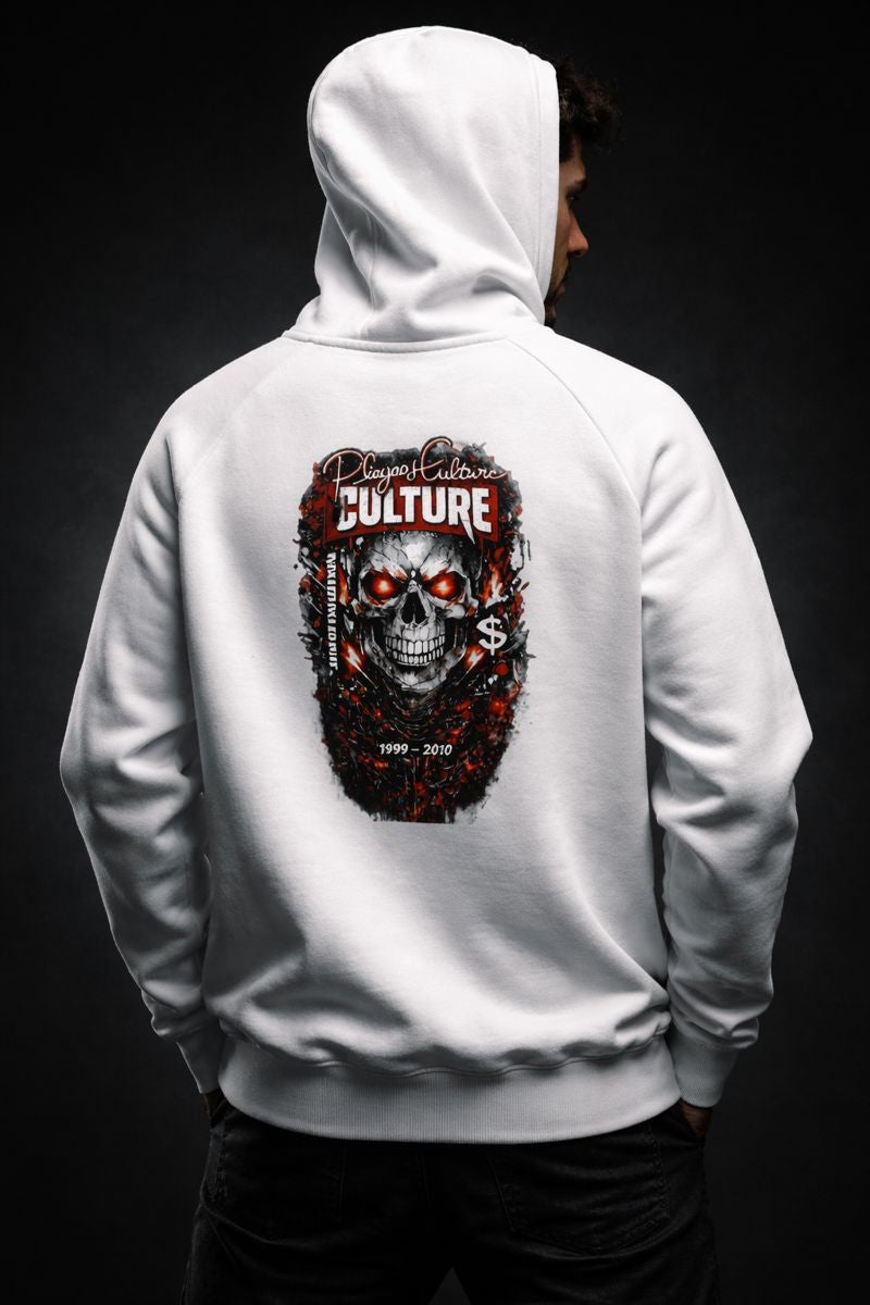 White unisex streetwear hoodie with detailed skull graphic and distressed artwork on back