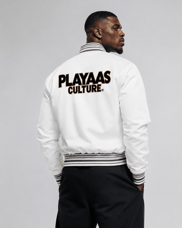 PLAYAAS CULTURE® White Cropped Varsity Zip Jacket PLAYAAS CULTURE 