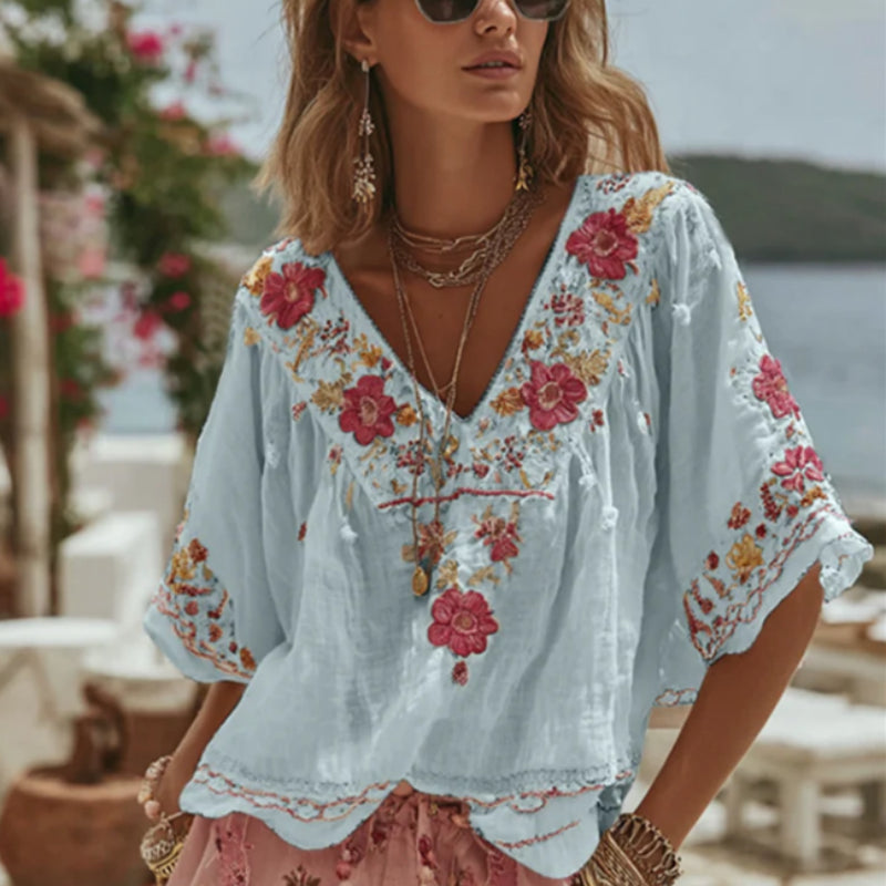 Elegant jacquard shoulder sleeve short sleeve top for women chic textured blouse modern feminine fashion outfit