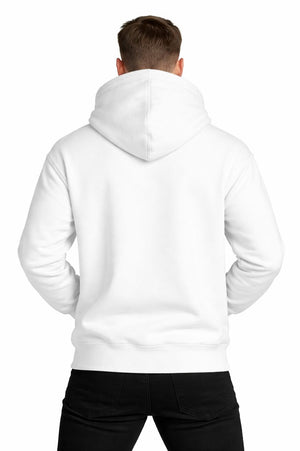 Strong model wearing PLAYAAS CULTURE® Leadership hoodie in minimalist white and black colorways, front and back views on clean white background.