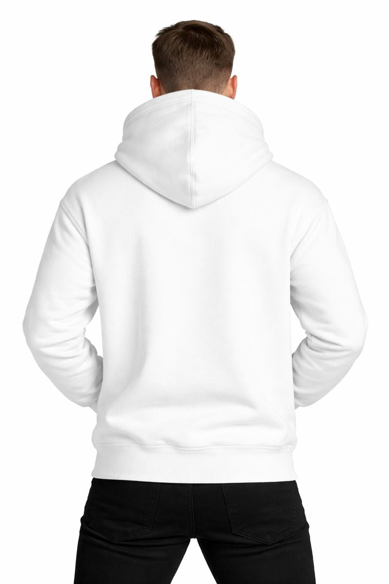 Strong model wearing PLAYAAS CULTURE® Leadership hoodie in minimalist white and black colorways, front and back views on clean white background.