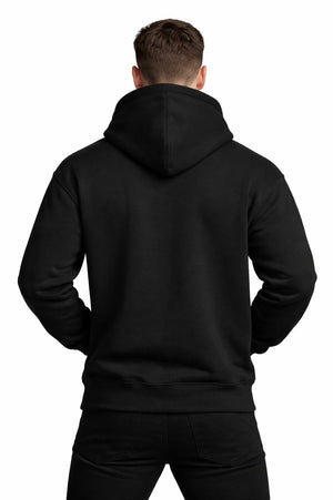 Strong model wearing PLAYAAS CULTURE® Leadership hoodie in minimalist white and black colorways, front and back views on clean white background.