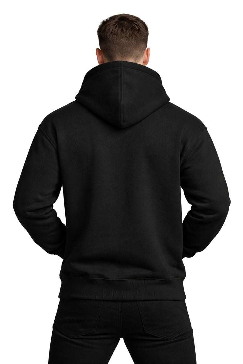 Strong model wearing PLAYAAS CULTURE® Leadership hoodie in minimalist white and black colorways, front and back views on clean white background.