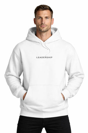 Strong model wearing PLAYAAS CULTURE® Leadership hoodie in minimalist white and black colorways, front and back views on clean white background.
