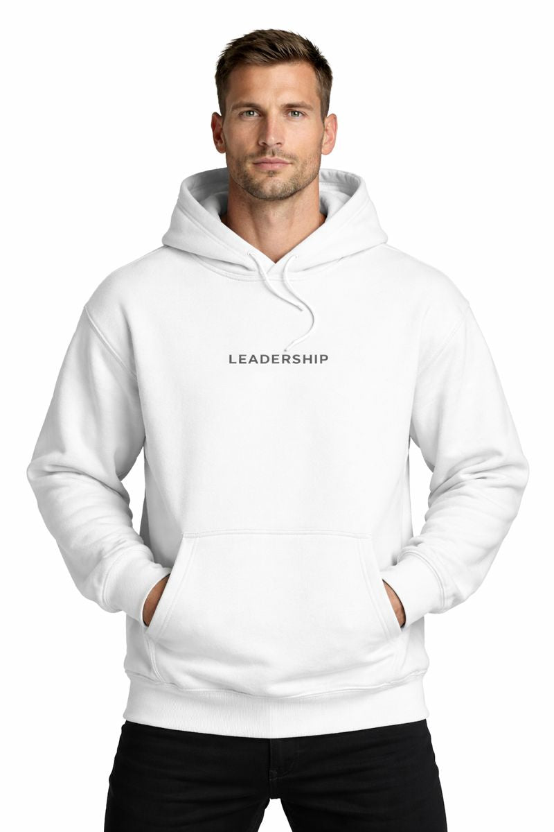 Strong model wearing PLAYAAS CULTURE® Leadership hoodie in minimalist white and black colorways, front and back views on clean white background.