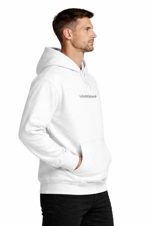 Strong model wearing PLAYAAS CULTURE® Leadership hoodie in minimalist white and black colorways, front and back views on clean white background.