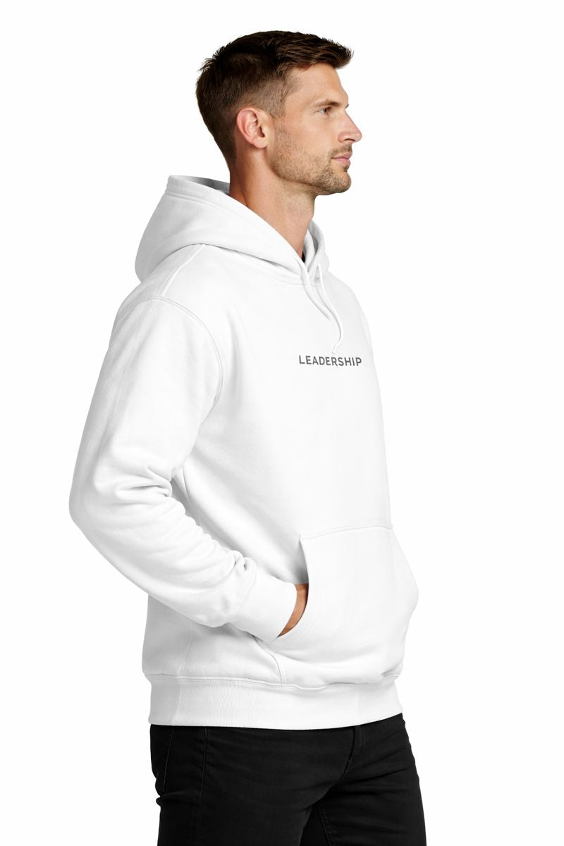 Strong model wearing PLAYAAS CULTURE® Leadership hoodie in minimalist white and black colorways, front and back views on clean white background.