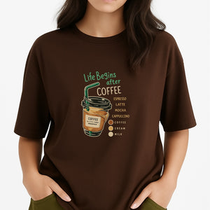 Life Begins After Coffee graphic t-shirt with iced coffee illustration and espresso latte mocha cappuccino text on brown casual tee for coffee lovers.