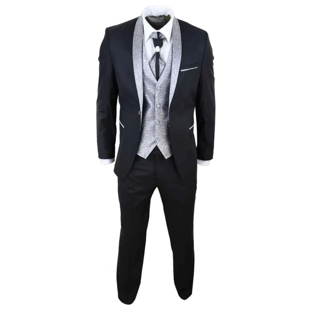 Men's 4 Piece Wedding Suit Groom Shawl Collar Black Silver Cravat