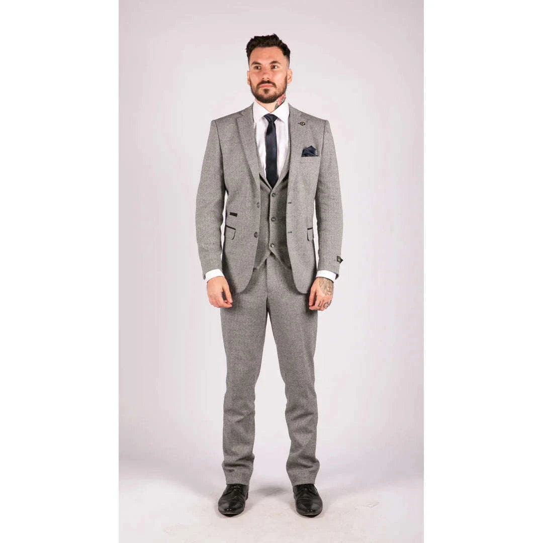 Men’s Light Grey 3 Piece Tweed Suit Herringbone Wool