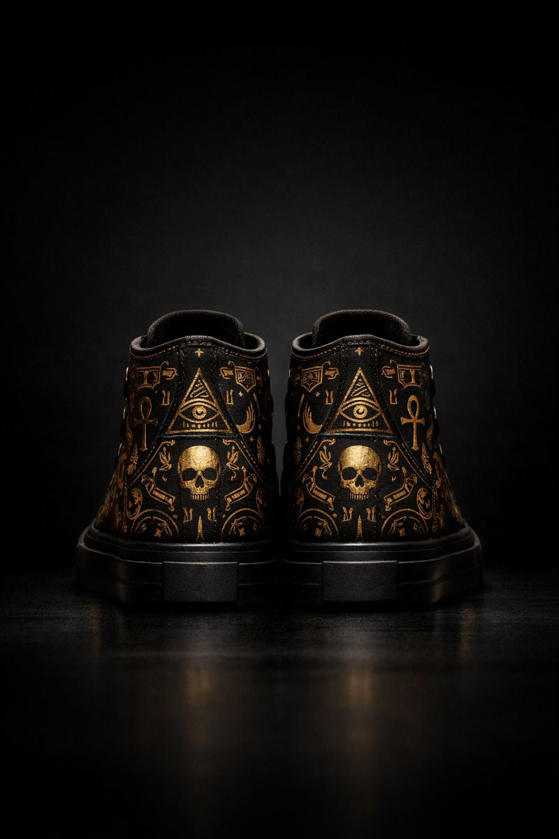 “Black high-top canvas sneakers with gold symbolic artwork and skull detailing, PLAYAAS CULTURE® luxury streetwear design”