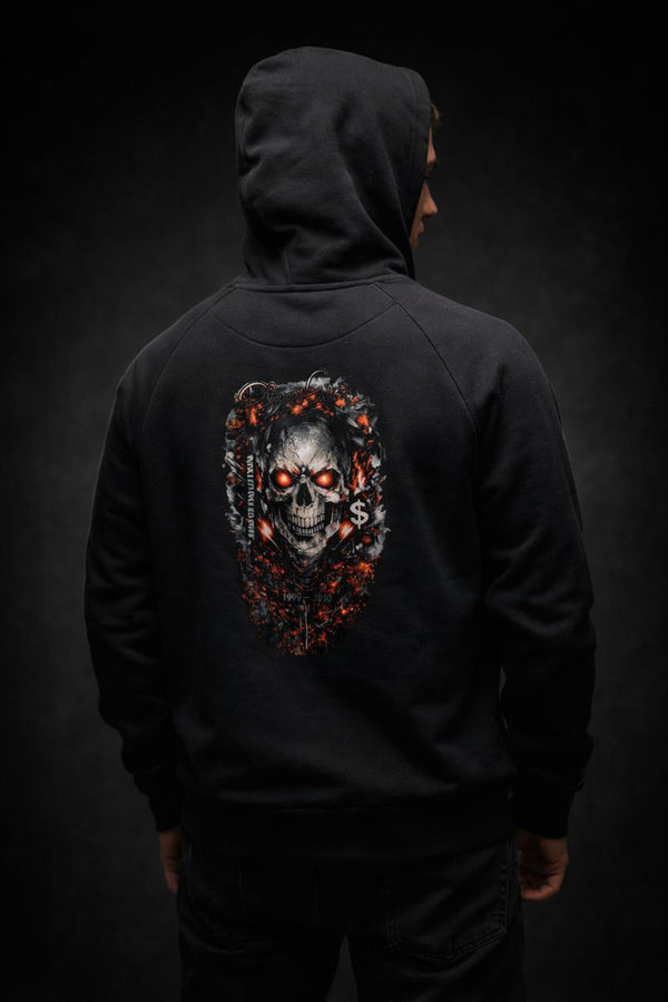 Premium black unisex streetwear hoodie with bold skull graphic on back, PLAYAAS CULTURE design
