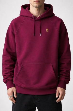 Burgundy unisex raglan hoodie featuring large skull and flame graphic on back