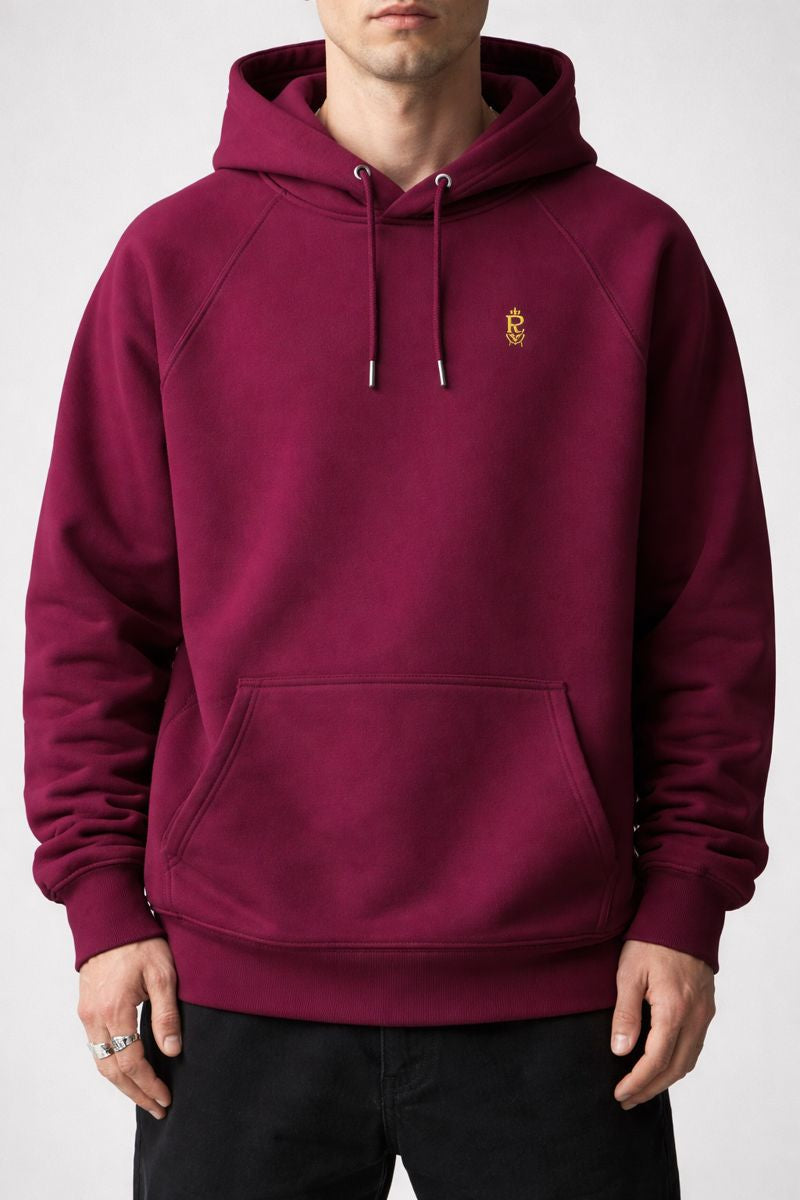 Burgundy unisex raglan hoodie featuring large skull and flame graphic on back