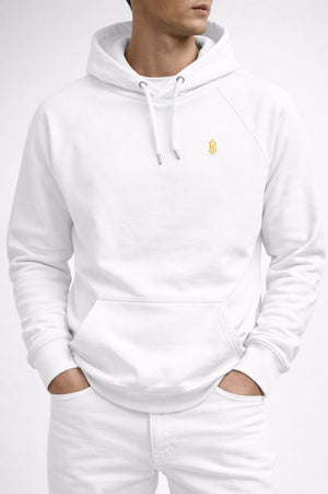 White unisex streetwear hoodie with detailed skull graphic and distressed artwork on back