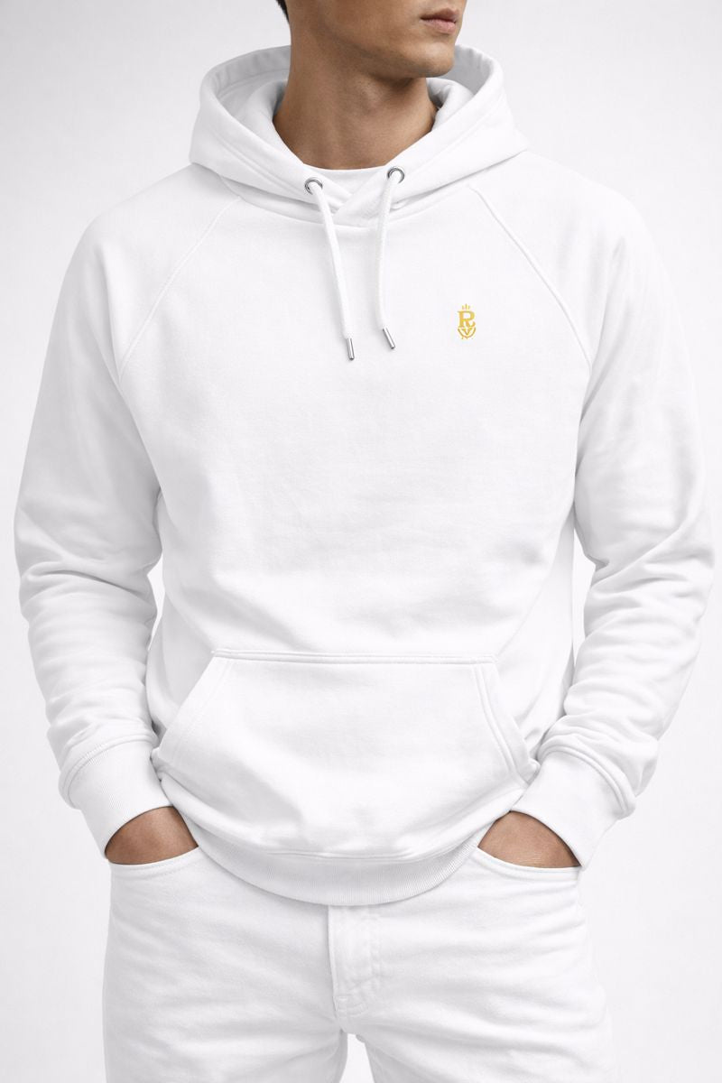 White unisex streetwear hoodie with detailed skull graphic and distressed artwork on back