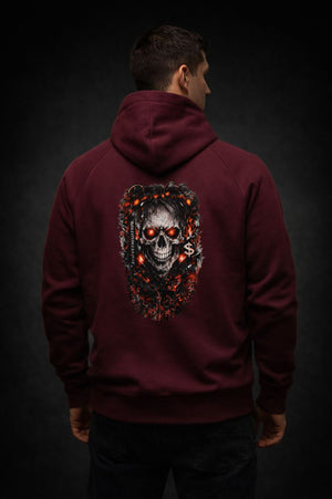 Burgundy unisex raglan hoodie featuring large skull and flame graphic on back