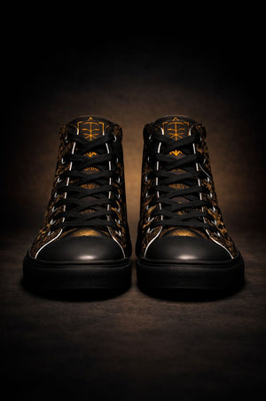 “Black high-top canvas sneakers with gold symbolic artwork and skull detailing, PLAYAAS CULTURE® luxury streetwear design”