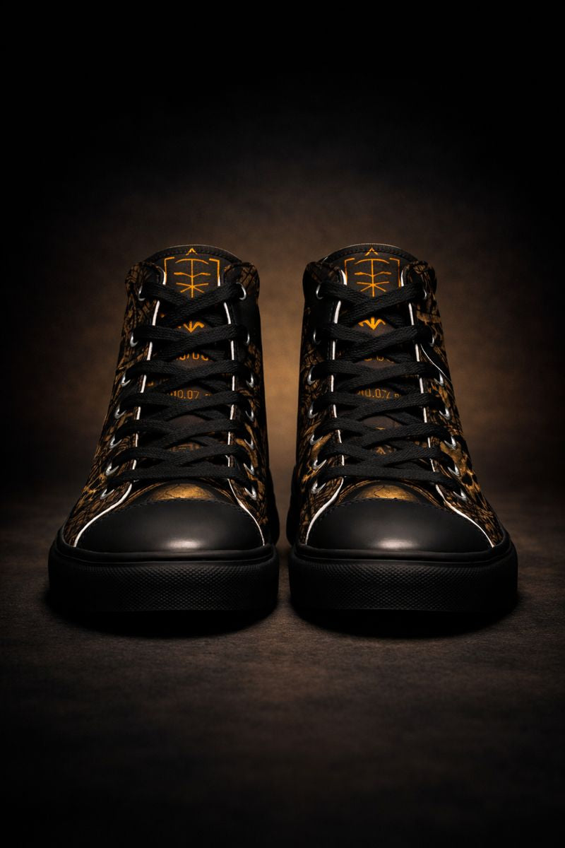 “Black high-top canvas sneakers with gold symbolic artwork and skull detailing, PLAYAAS CULTURE® luxury streetwear design”