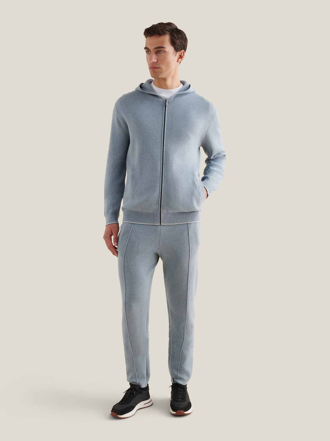 Blue Milano Knit Jogger with pintuck detailing and contrast rib tipping