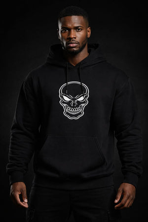 Strong Black male model wearing SENTINEL HOODIE front view on black luxury background