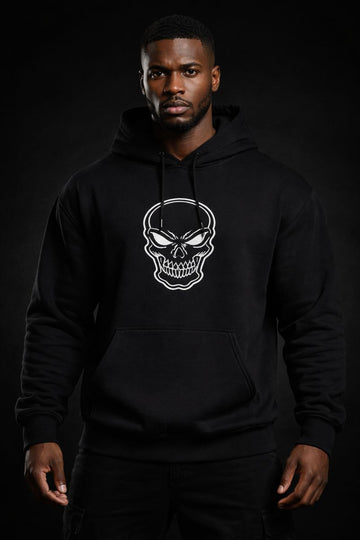 Strong Black male model wearing SENTINEL HOODIE front view on black luxury background