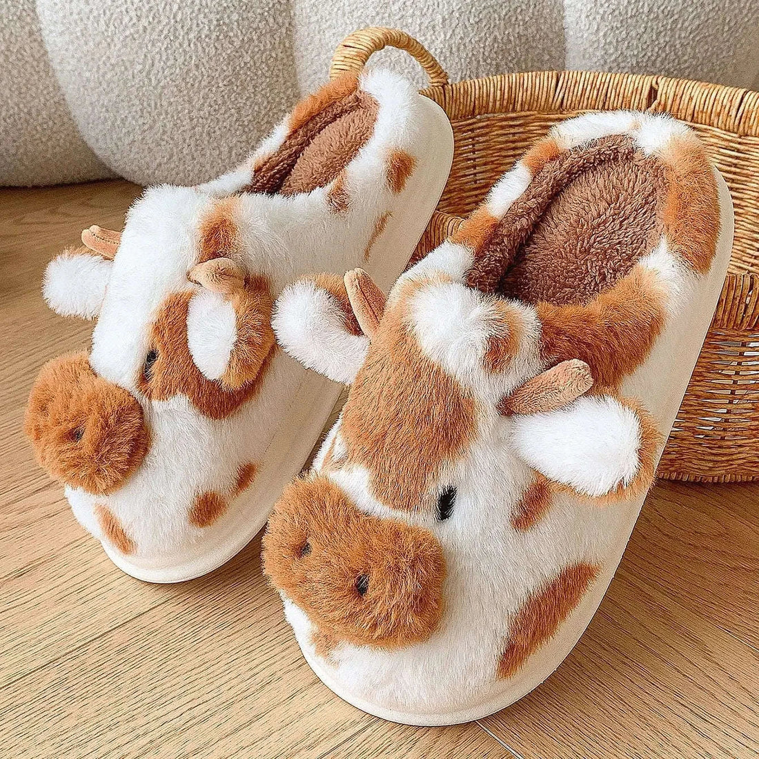 Cow milk fuzzy slippers for women with cartoon fur design, soft and cozy indoor winter house shoes
