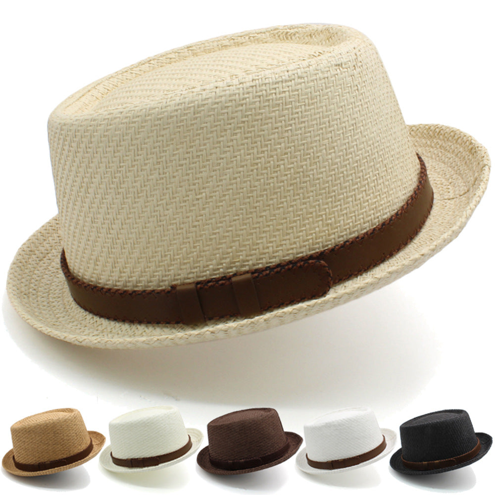 Beige straw hat with brown band on a white background, with smaller hats displayed below.