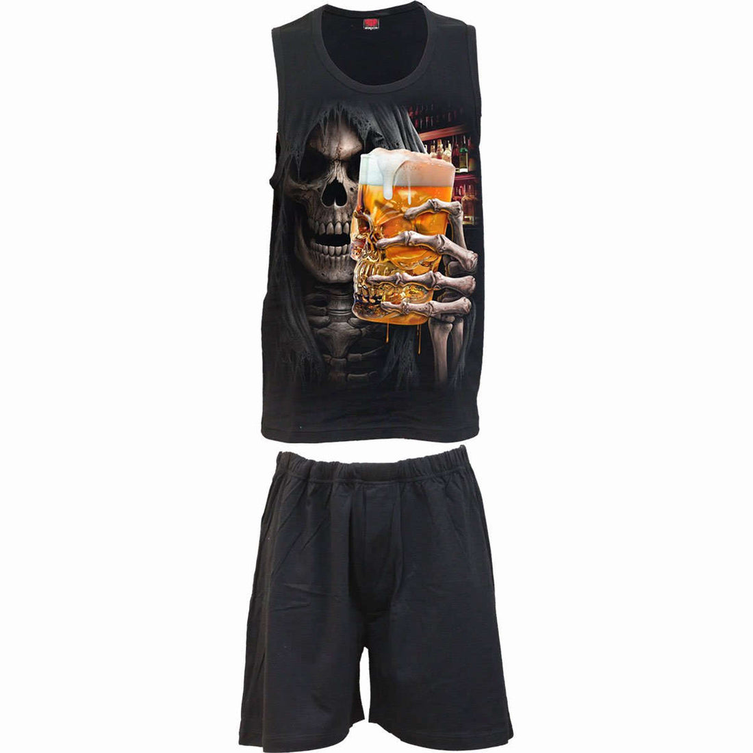 TRIPLE 6 4pc Mens Gothic Pyjama Set with skeleton and beer design in black cotton jersey