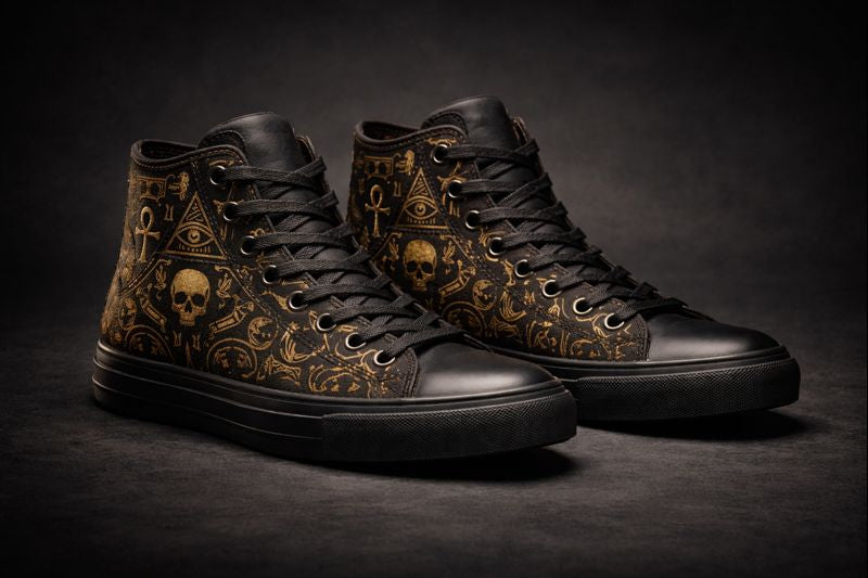 “Black high-top canvas sneakers with gold symbolic artwork and skull detailing, PLAYAAS CULTURE® luxury streetwear design”