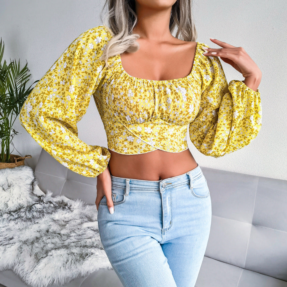 women lantern sleeve bow floral chiffon crop top vacation style blouse summer boho fashion top