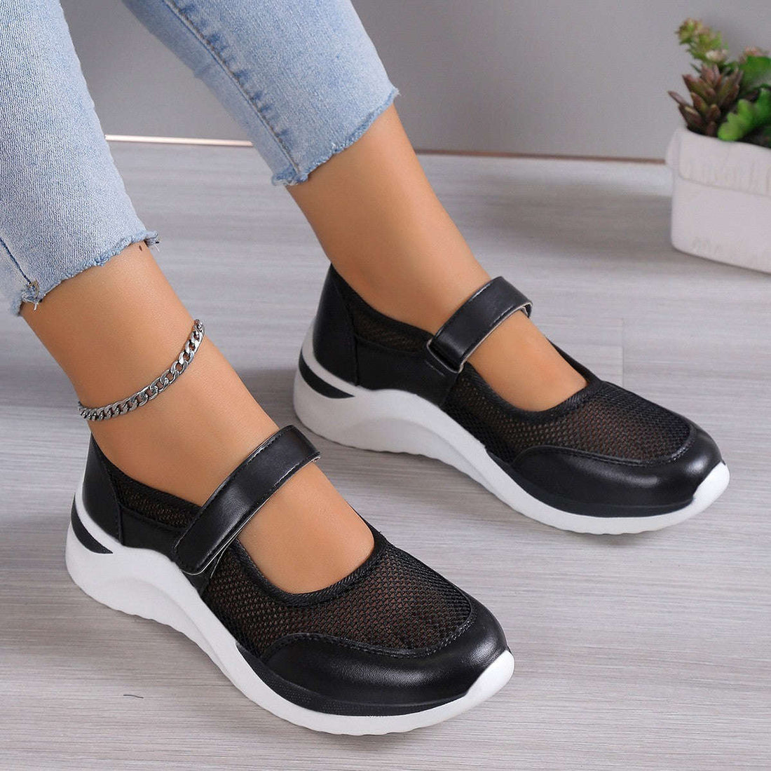 Women's Casual Thick Bottom breathable mesh shoes with velcro strap in multiple colors